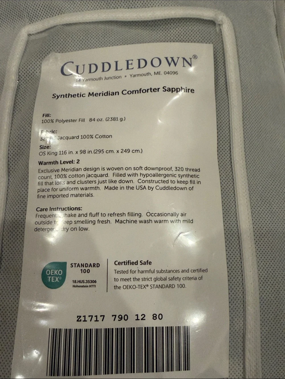 Cuddledown Sapphire Blue King Comforter Level 2 LN! Cotton w/ Synthetic Fill